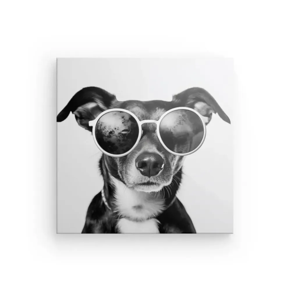 Tableau Petit Chien Lunettes Rondes Noir et Blanc merchOne