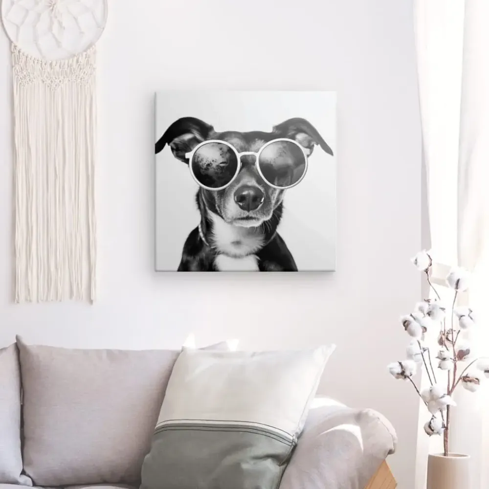 Tableau Petit Chien Lunettes Rondes Noir et Blanc merchOne