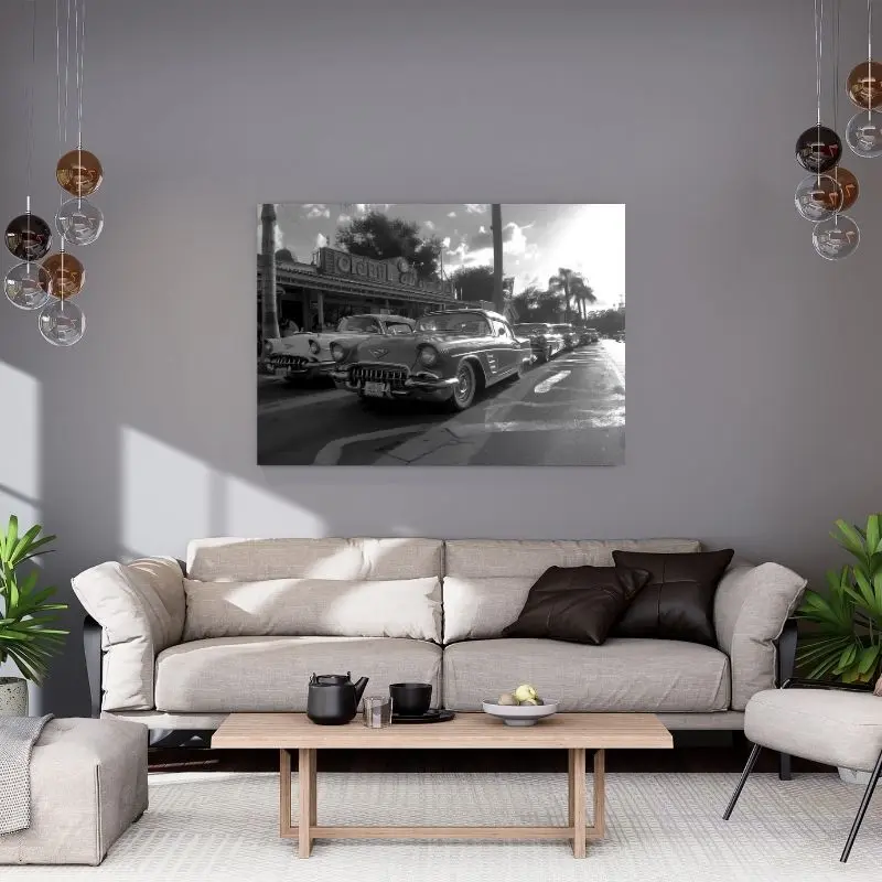 Tableau Voitures Anciennes Cubaines Noir et Blanc merchOne