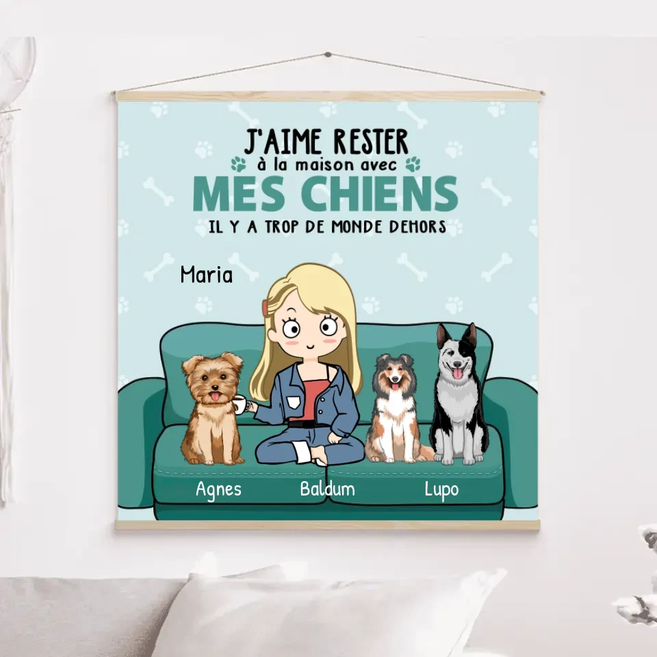 Toile à suspendre personnalisée, cadeau pour maman chien, l'aime rester à la maison avec mec chiens merchOne