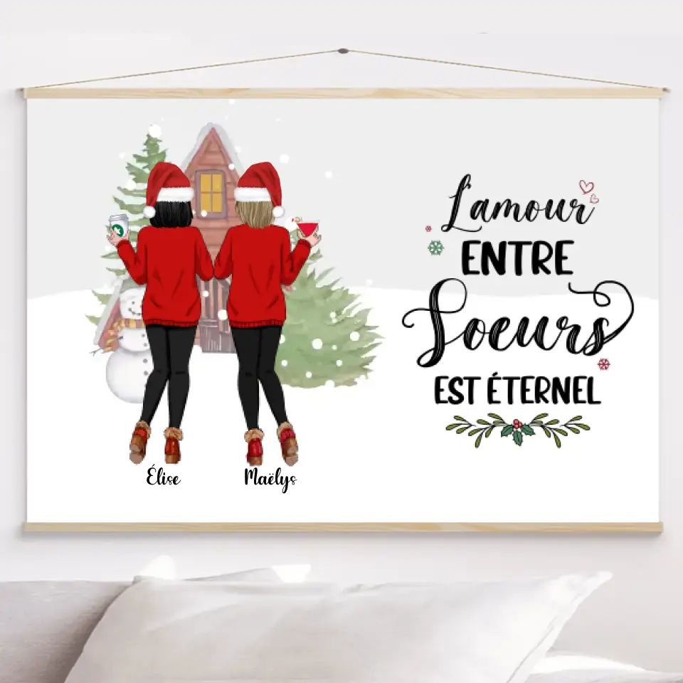Toile à suspendre personnalisée, Toile Noël cadeau pour amies, Jusqu'à 6 filles, L'amour Entre Sœurs est éternel merchOne