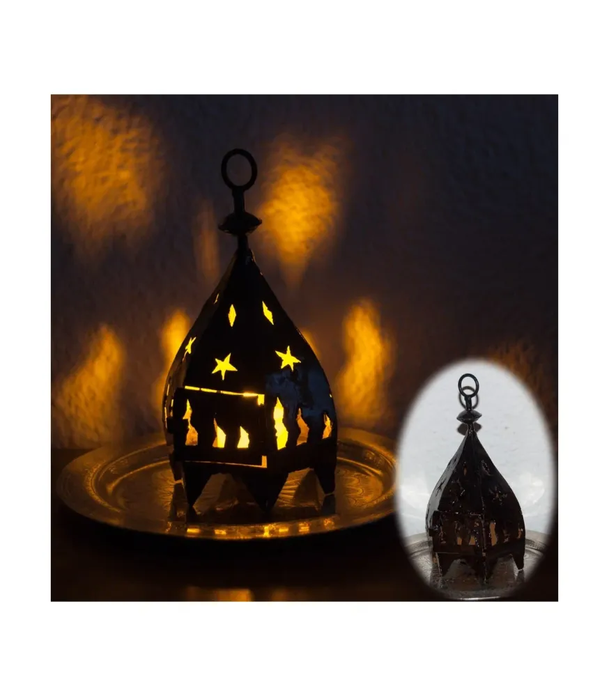 Mini Lanterne Bougie Hexagonale en Fer - Forge Ajourée - 19 cm