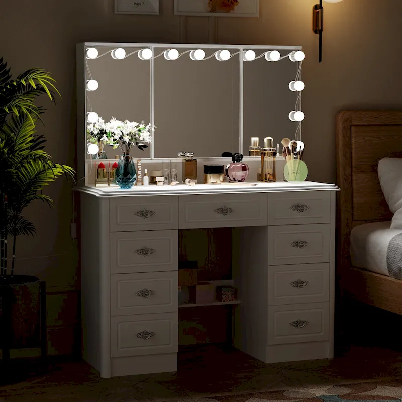 Miroir de maquillage pliable blanc moderne avec éclairage réglable - 40,2 x 54,1