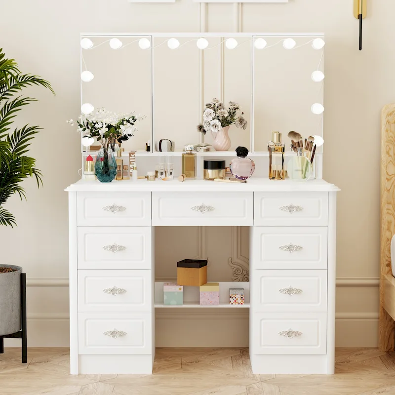 Miroir de maquillage pliable blanc moderne avec éclairage réglable - 40,2 x 54,1
