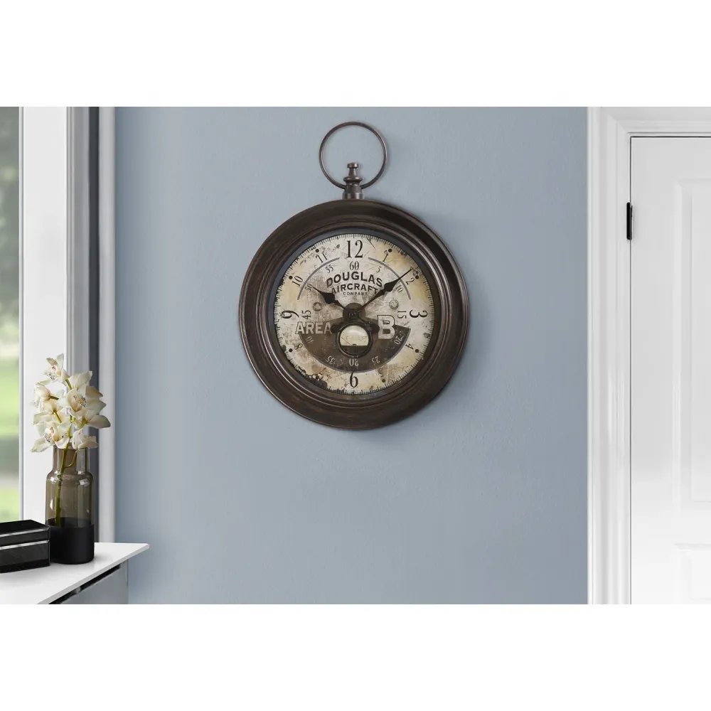 I 9090 - Horloge, 18" Rond, Horloge Murale, Brun Antique, Traditionnel Monarch Specialties