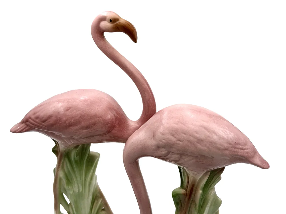 Flamants roses en céramique vintage des années 1970, rose et vert | Taille XL, 49,5 cm et 45,7 cm de hauteur *PIÈCE RARE* N/A