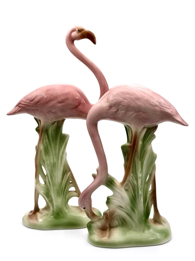 Flamants roses en céramique vintage des années 1970, rose et vert | Taille XL, 49,5 cm et 45,7 cm de hauteur *PIÈCE RARE* N/A