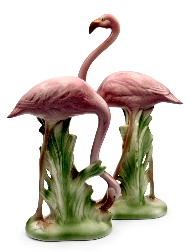 Flamants roses en céramique vintage des années 1970, rose et vert | Taille XL, 49,5 cm et 45,7 cm de hauteur *PIÈCE RARE* N/A