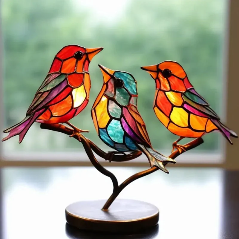 Ornements en Verre Teinté Oiseaux sur Branches A noucadeaux