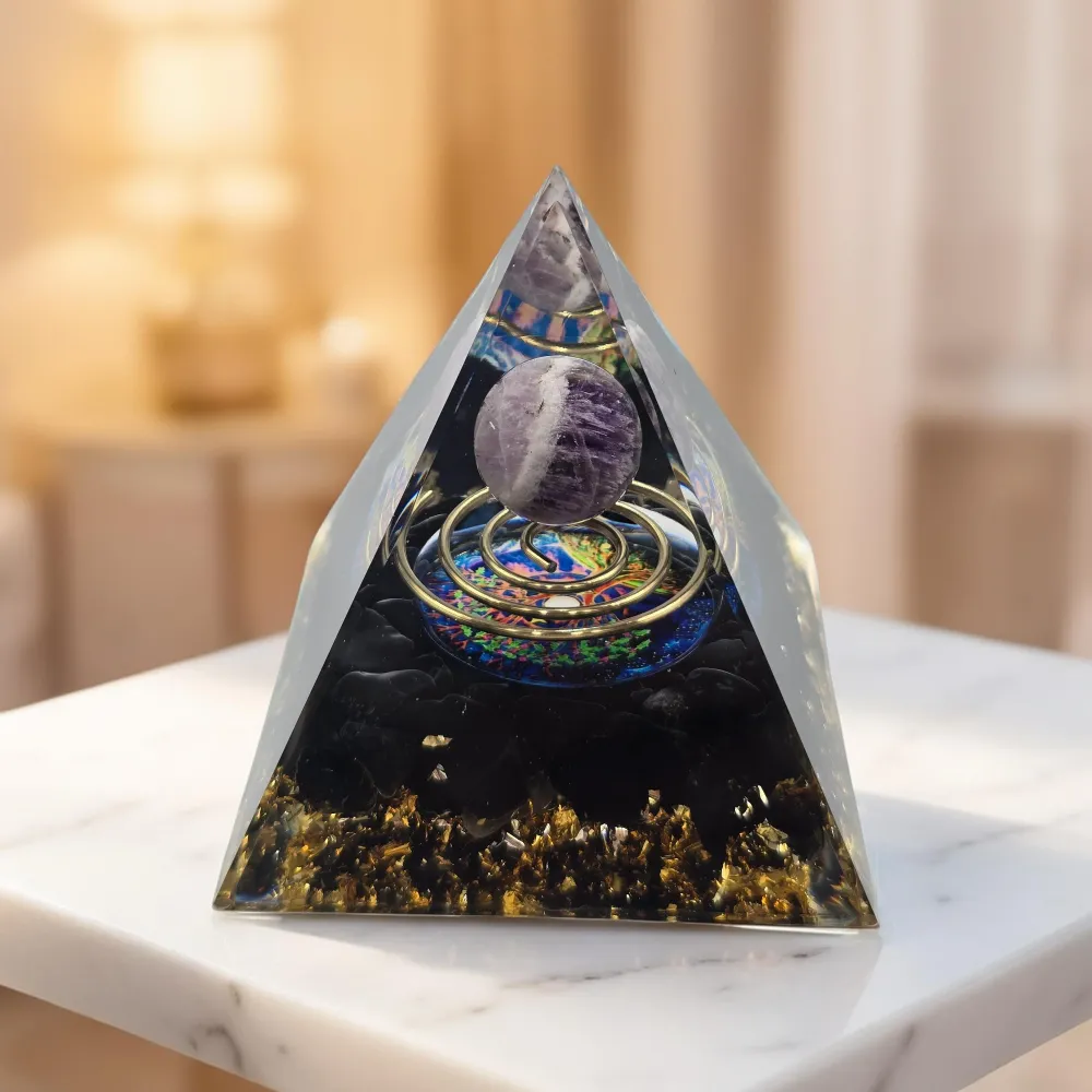 Orgonite Arbre de Vie Spirale Améthyste & Obsidienne - Protection Spirituelle