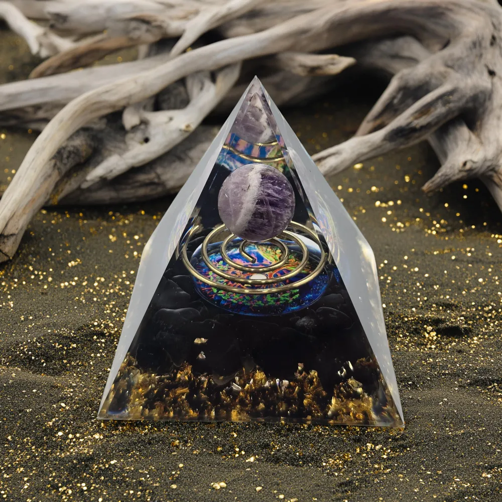 Orgonite Arbre de Vie Spirale Améthyste & Obsidienne - Protection Spirituelle
