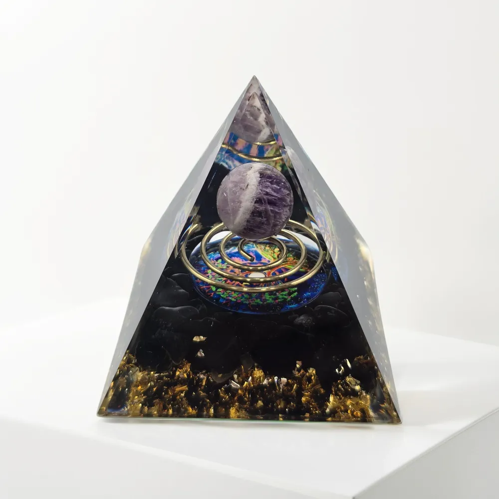 Orgonite Arbre de Vie Spirale Améthyste & Obsidienne - Protection Spirituelle