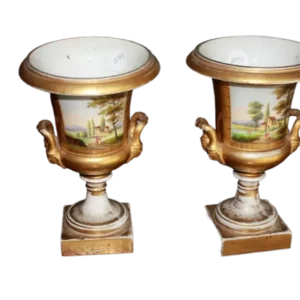 Paire de Vases Cratère en Porcelaine Vieux Paris avec Paysages et Personnages