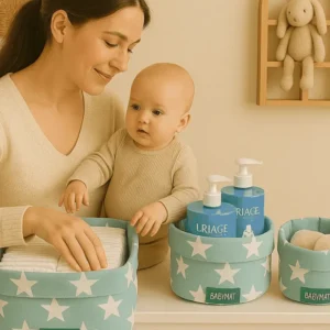 Paniers de rangement bébé réversibles – Vert Étoiles Blanches