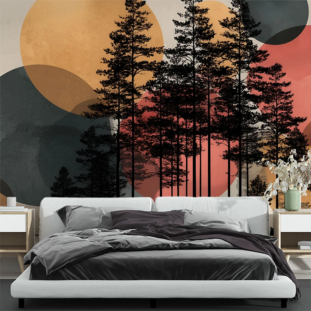 Papier peint arbres et cercles | Design artistique et abstrait
