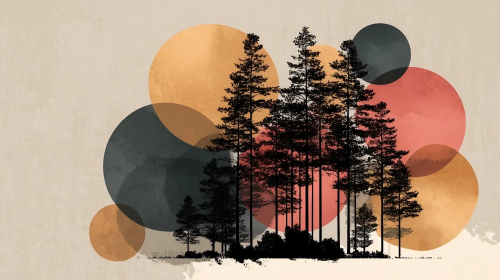Papier peint arbres et cercles | Design artistique et abstrait