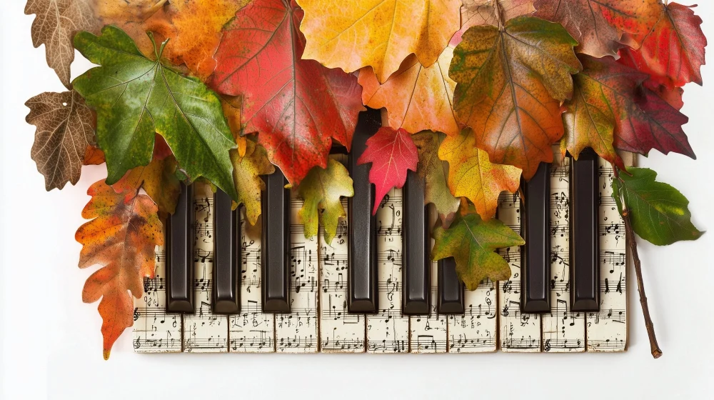 Papier peint automnal mélodieux | Feuilles colorées et touches musicales