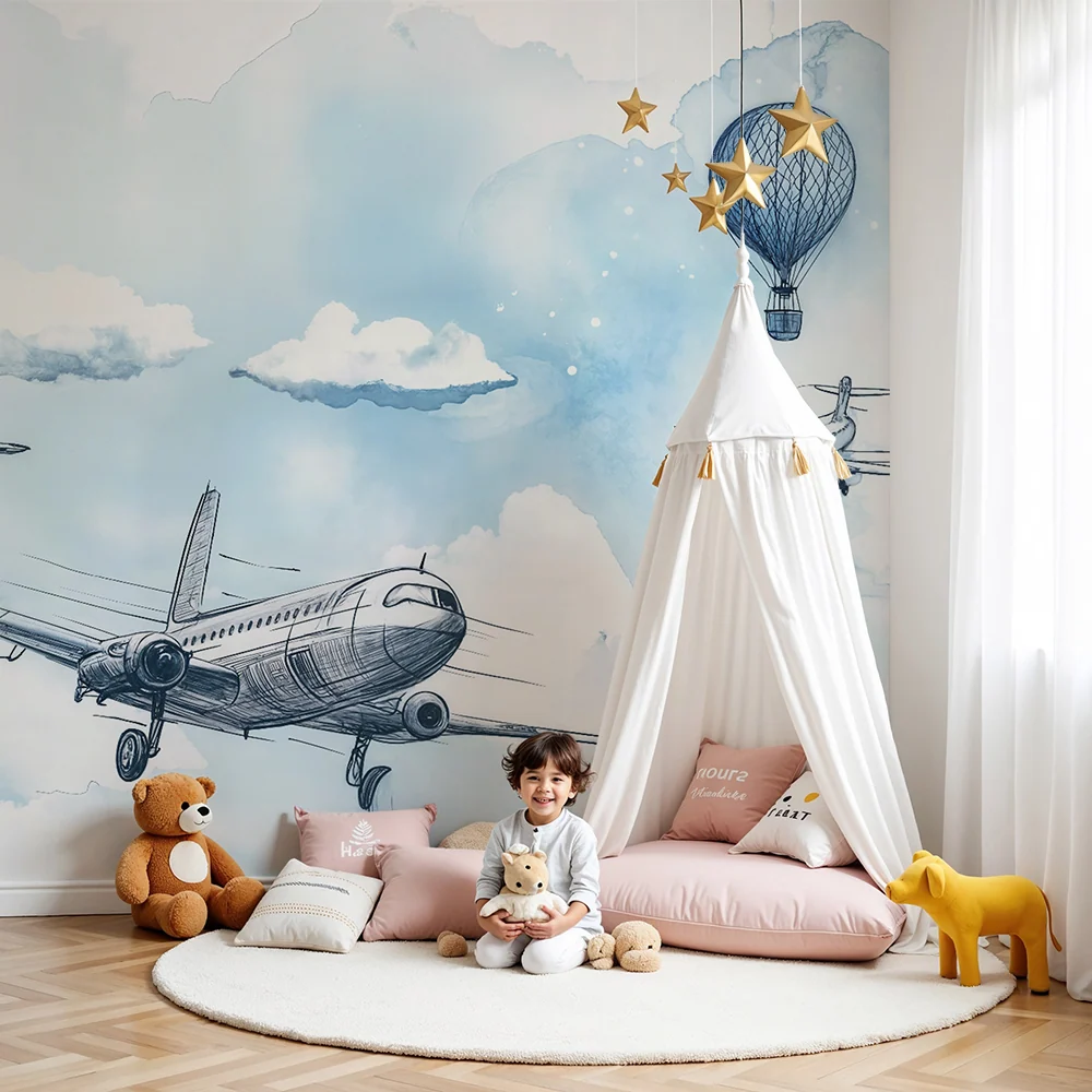 Papier peint avion et montgolfière | Design érien et ludique