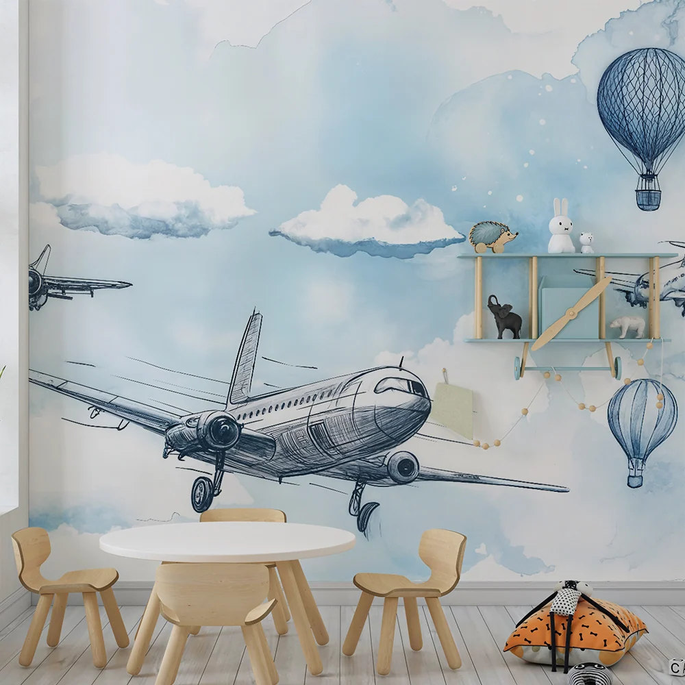 Papier peint avion et montgolfière | Design érien et ludique