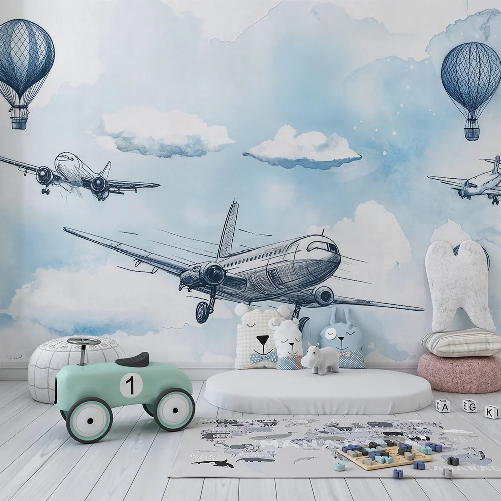Papier peint avion et montgolfière | Design érien et ludique