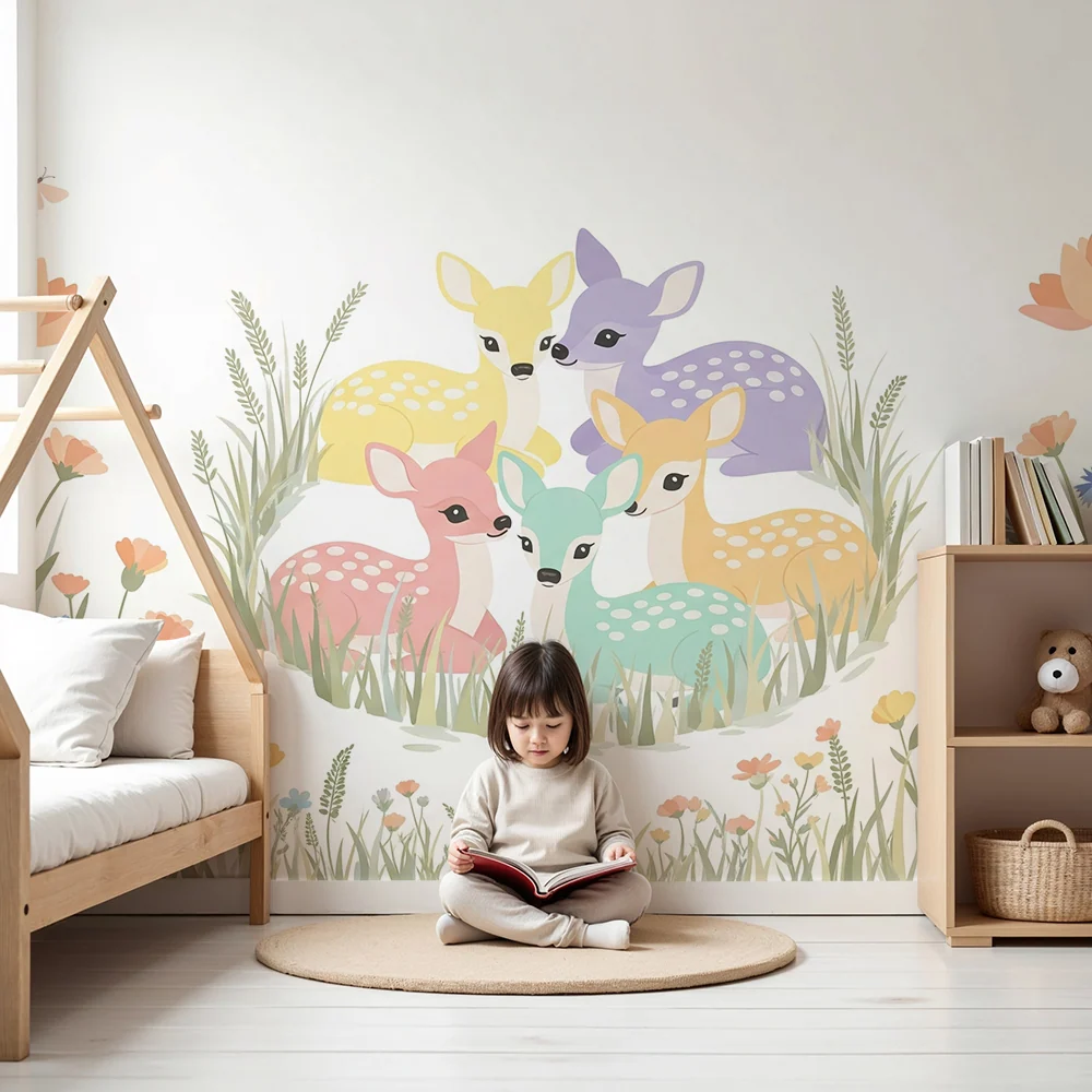 Papier peint chambre bébé | Adorables faons colorés dans un champ de fleurs
