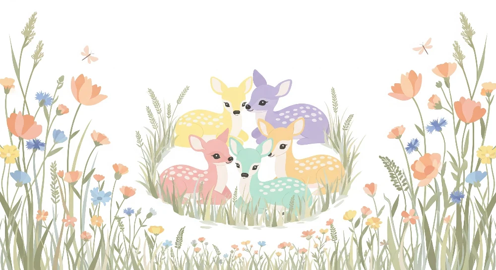 Papier peint chambre bébé | Adorables faons colorés dans un champ de fleurs