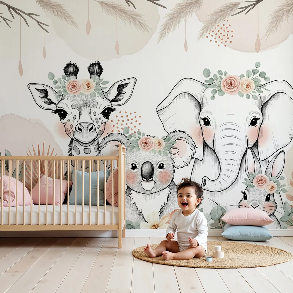 Papier peint chambre bébé | Animaux mignons avec fleurs