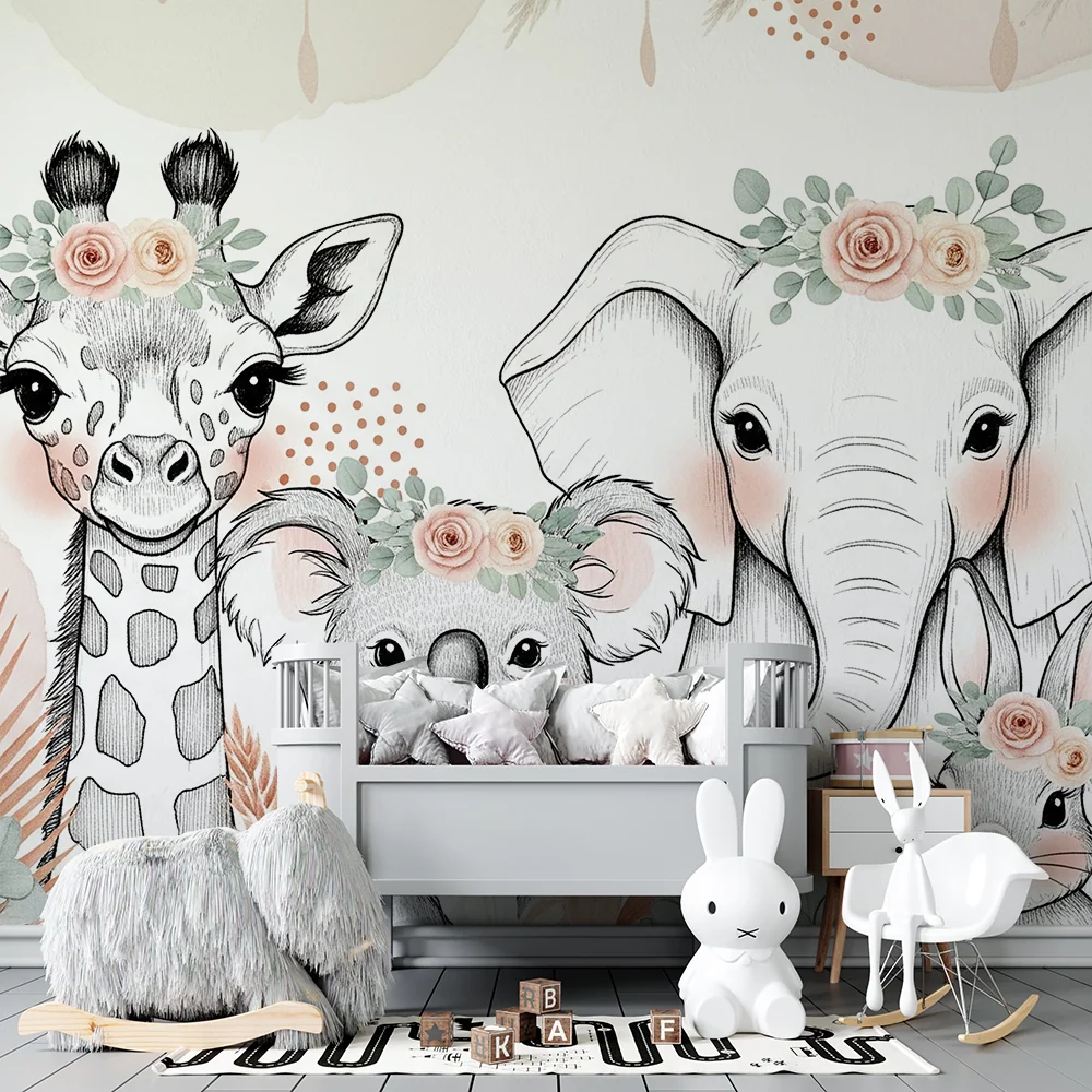 Papier peint chambre bébé | Animaux mignons avec fleurs