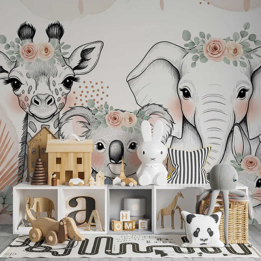Papier peint chambre bébé | Animaux mignons avec fleurs