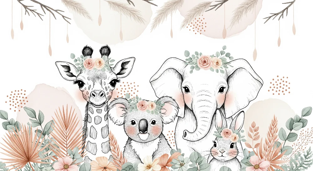 Papier peint chambre bébé | Animaux mignons avec fleurs