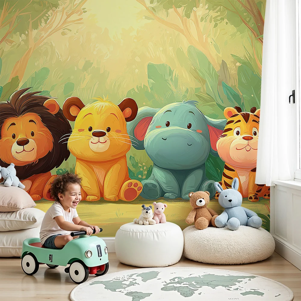Papier peint chambre bébé | Animaux mignons de la jungle en couleurs douces