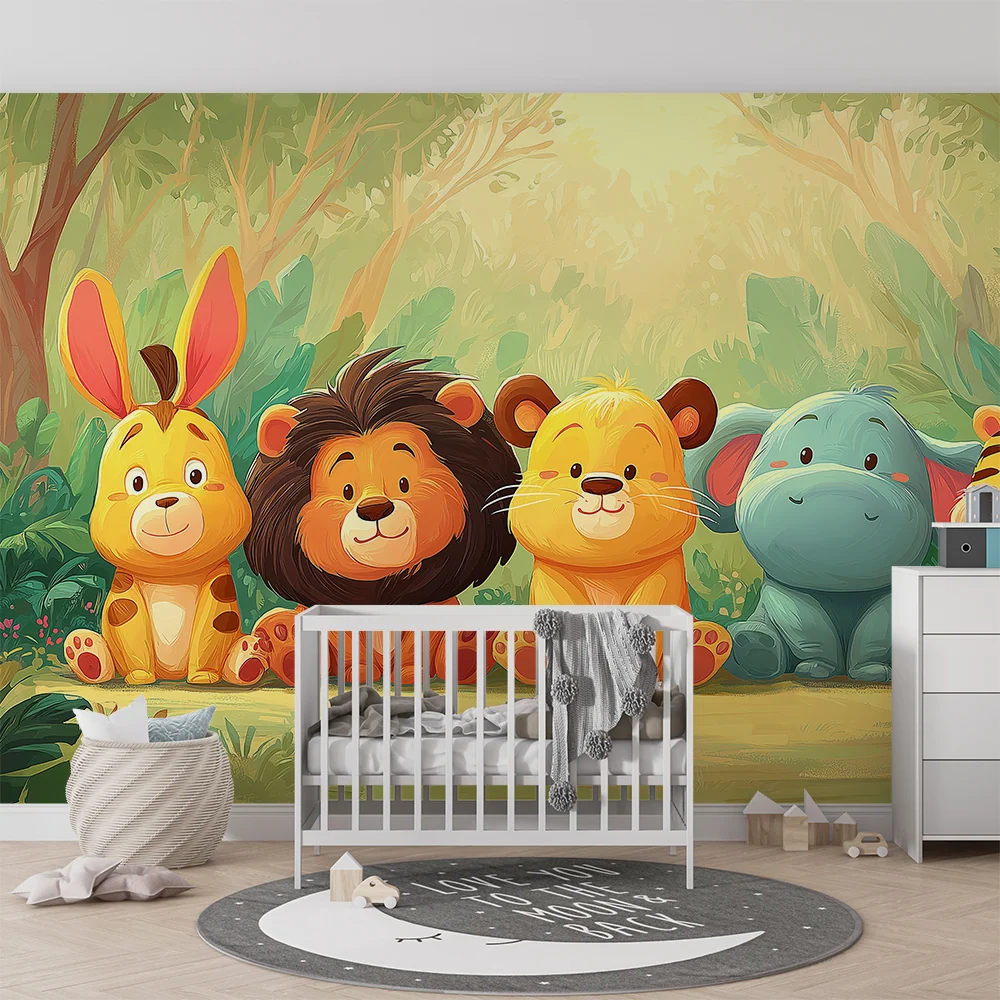 Papier peint chambre bébé | Animaux mignons de la jungle en couleurs douces