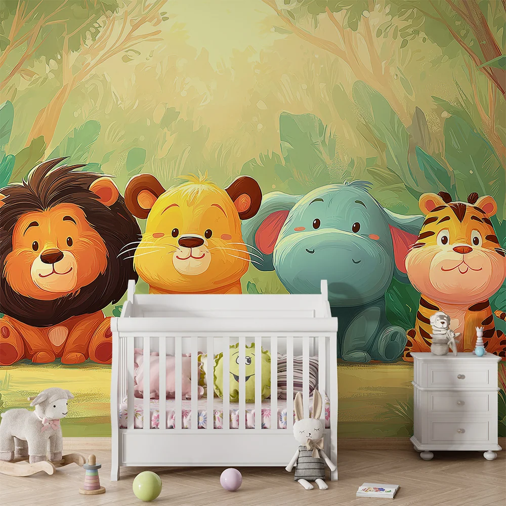 Papier peint chambre bébé | Animaux mignons de la jungle en couleurs douces