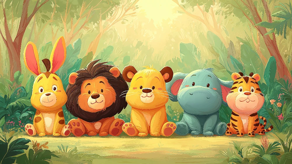 Papier peint chambre bébé | Animaux mignons de la jungle en couleurs douces