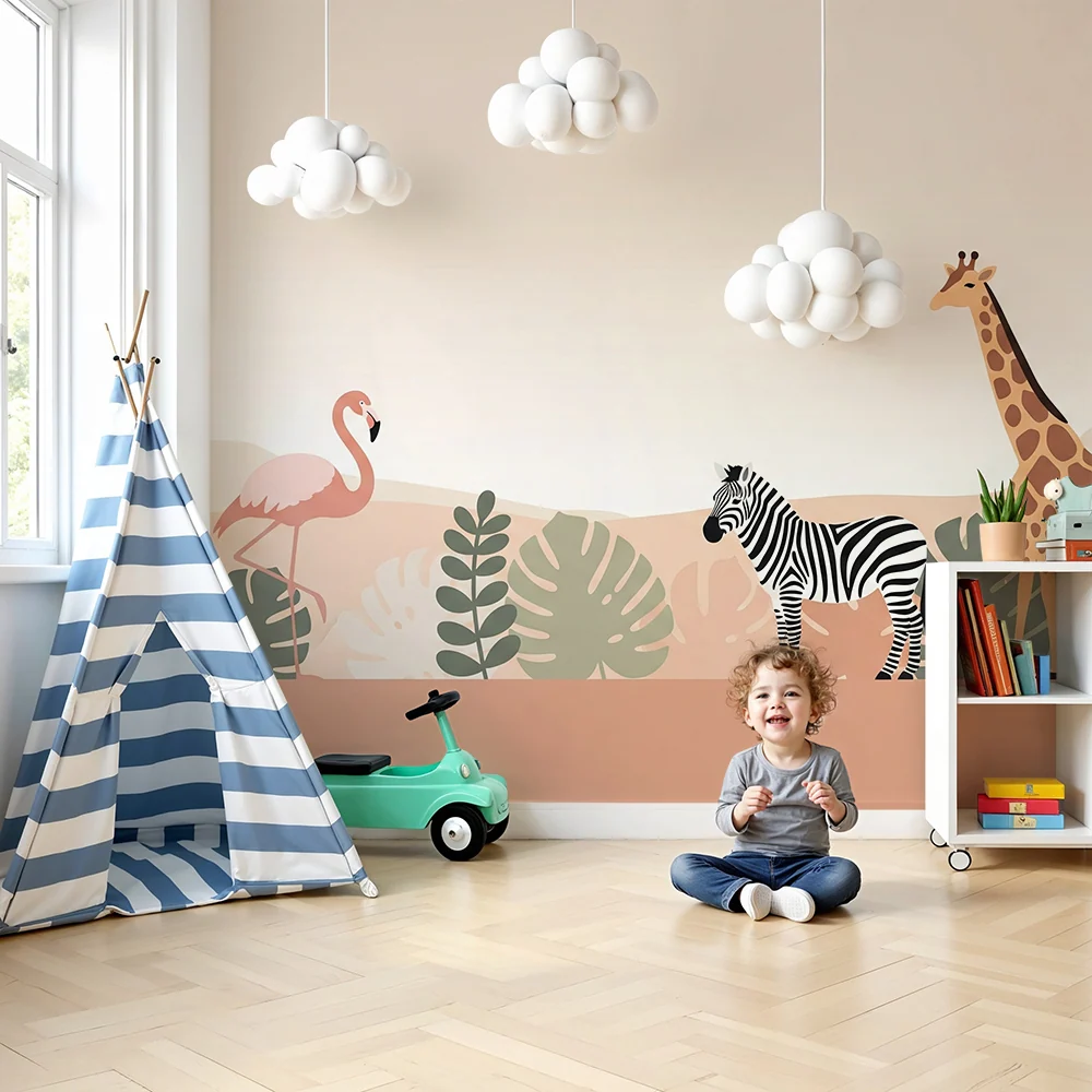 Papier peint chambre bébé | Animaux de la savane avec flamant zèbre et girafe
