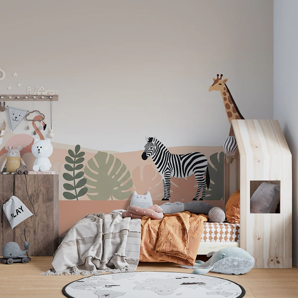 Papier peint chambre bébé | Animaux de la savane avec flamant zèbre et girafe