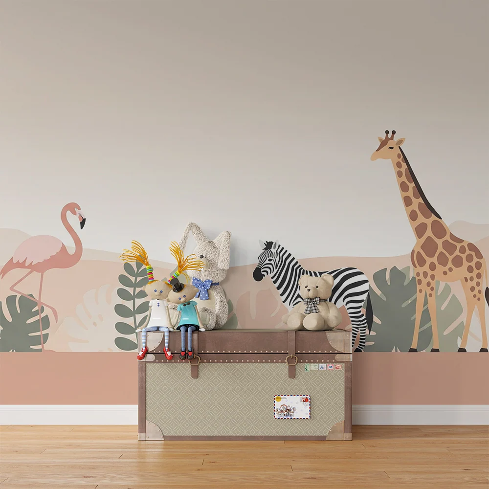 Papier peint chambre bébé | Animaux de la savane avec flamant zèbre et girafe
