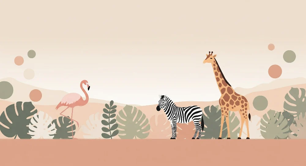 Papier peint chambre bébé | Animaux de la savane avec flamant zèbre et girafe