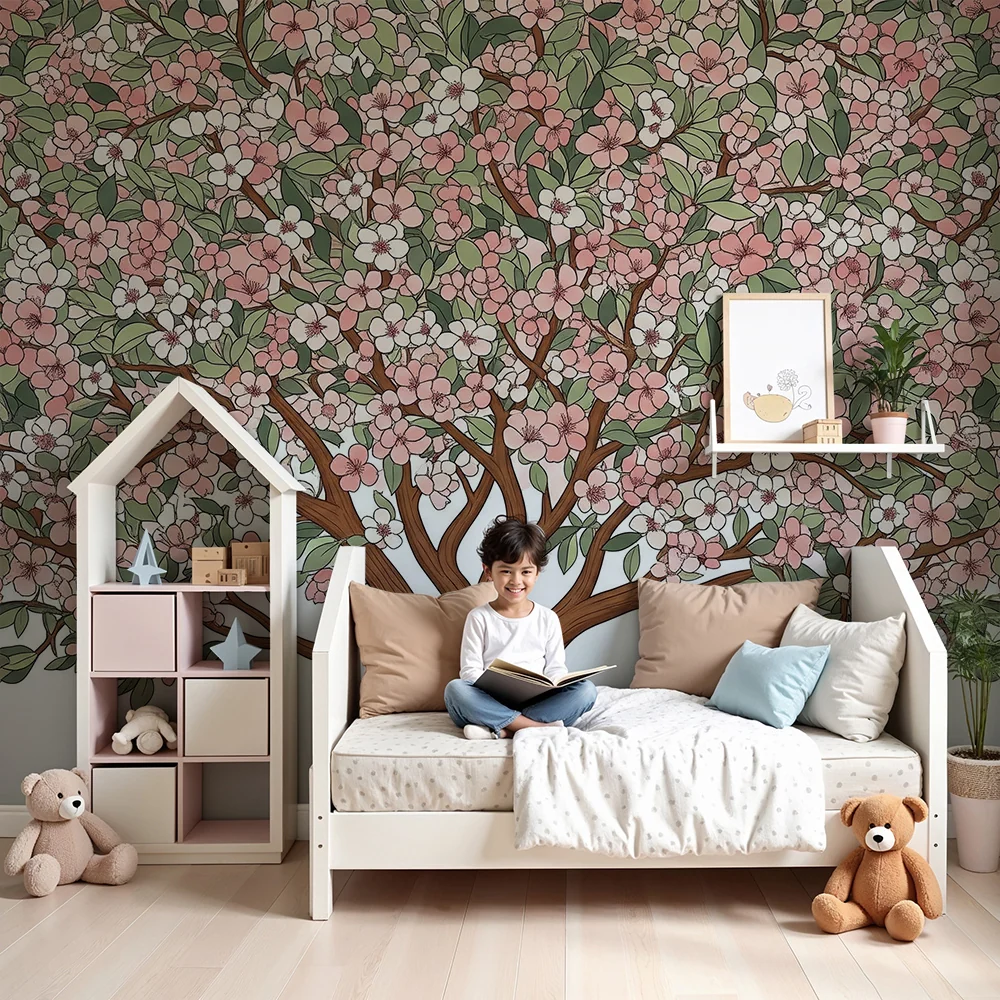 Papier peint chambre bébé | Arbre fleuri aux délicates fleurs roses et blanches