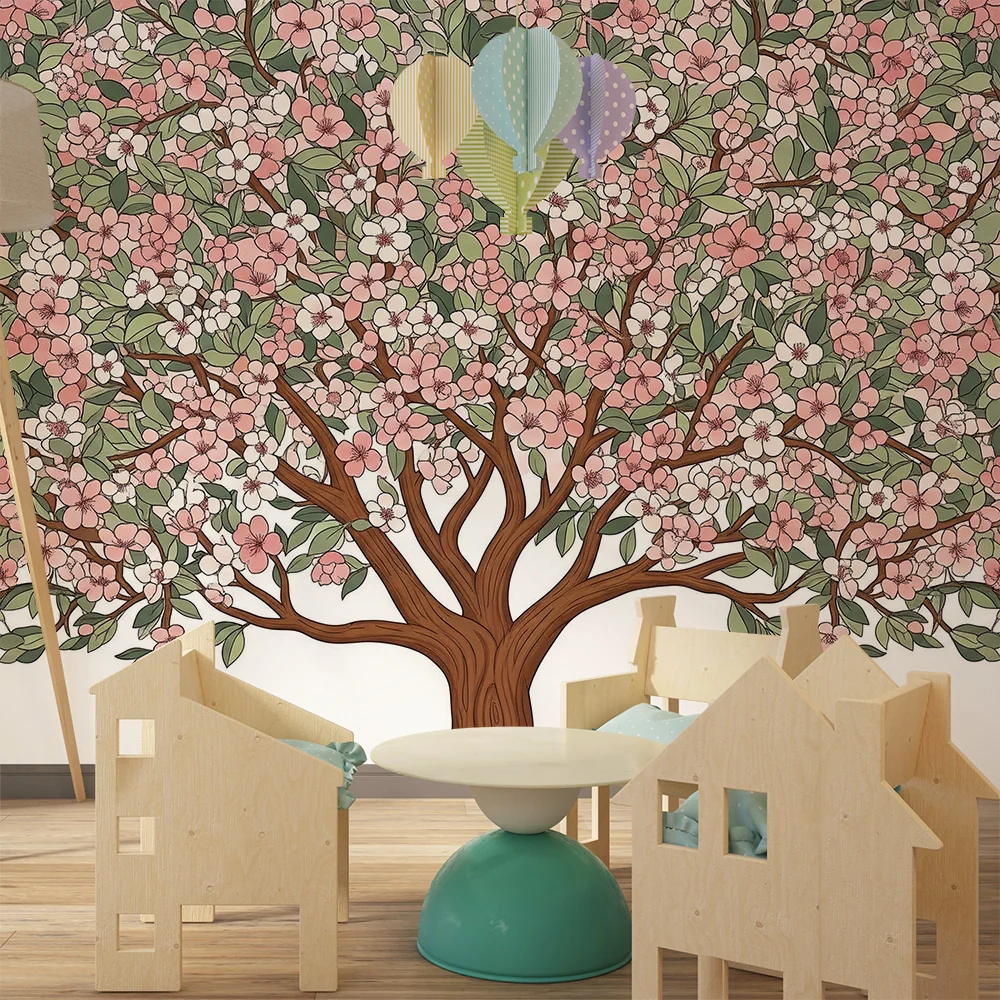Papier peint chambre bébé | Arbre fleuri aux délicates fleurs roses et blanches