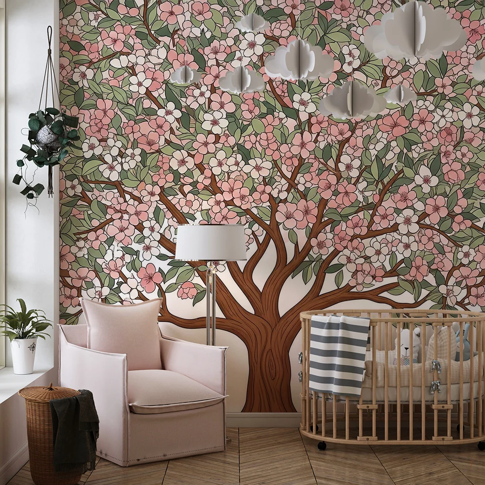 Papier peint chambre bébé | Arbre fleuri aux délicates fleurs roses et blanches