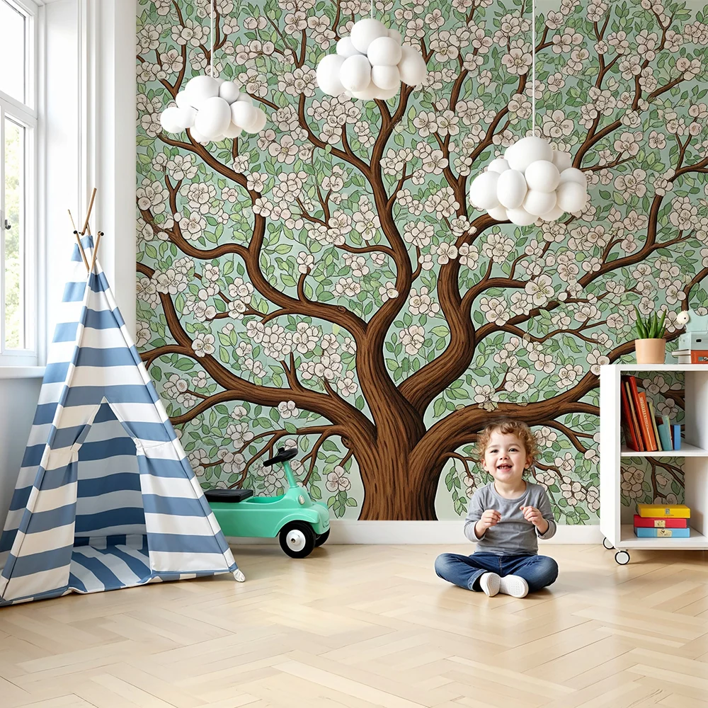 Papier peint chambre bébé | Arbre fleuri avec branches délicates et feuillage apaisant