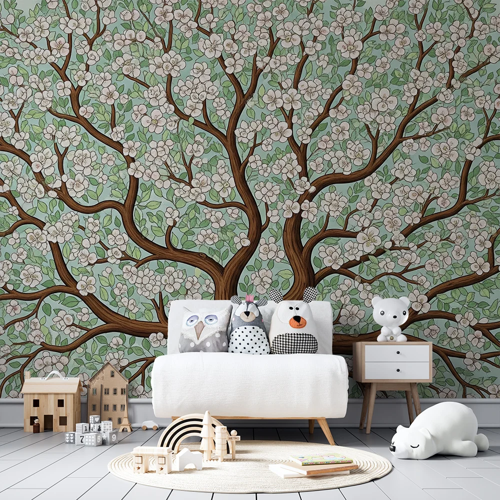 Papier peint chambre bébé | Arbre fleuri avec branches délicates et feuillage apaisant