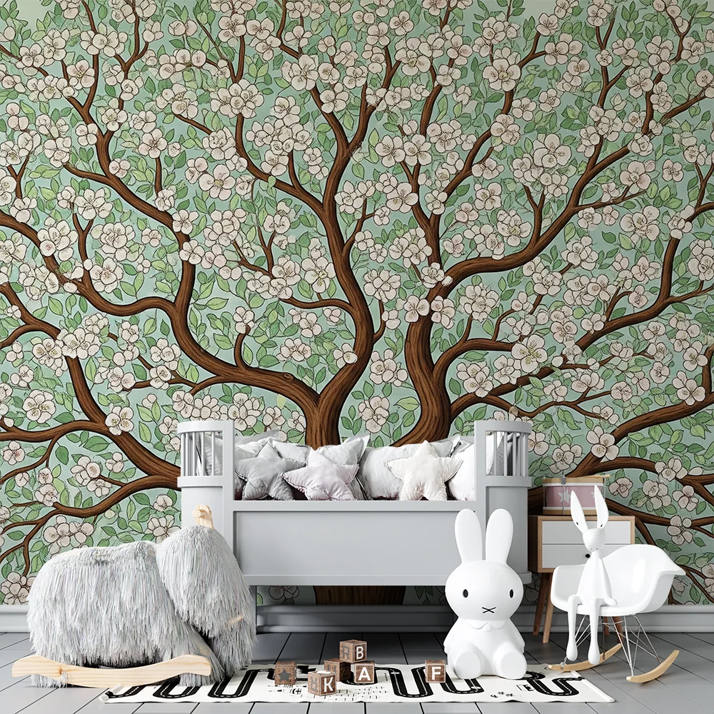 Papier peint chambre bébé | Arbre fleuri avec branches délicates et feuillage apaisant