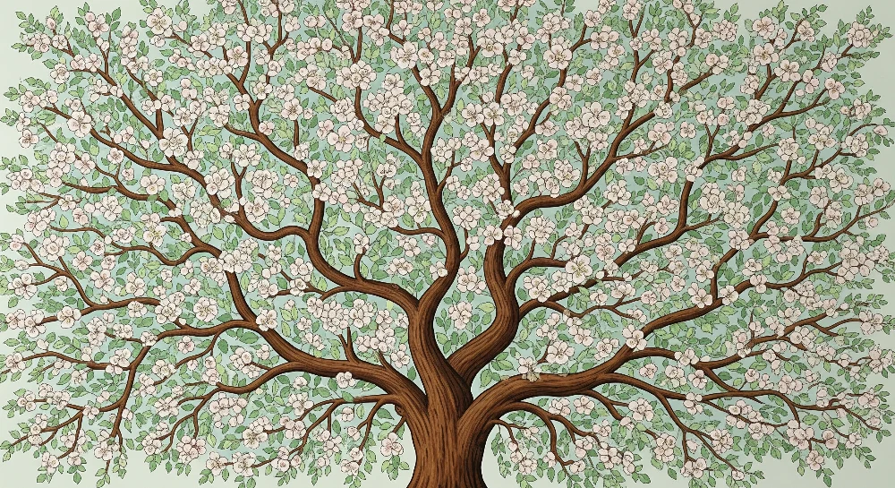 Papier peint chambre bébé | Arbre fleuri avec branches délicates et feuillage apaisant