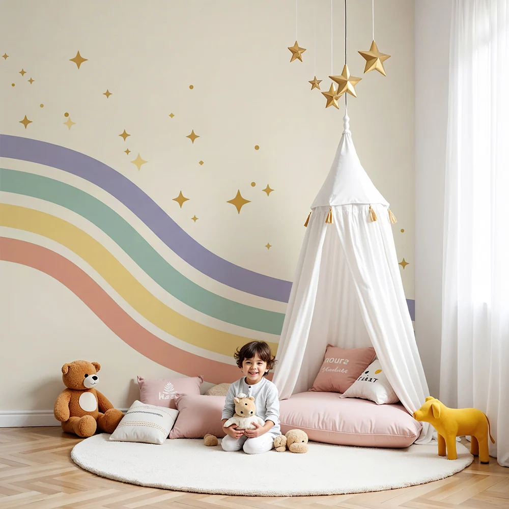 Papier peint chambre bébé | Arc-en-ciel doux et étoiles scintillantes