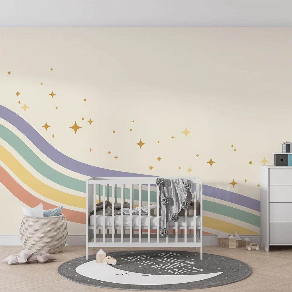 Papier peint chambre bébé | Arc-en-ciel doux et étoiles scintillantes