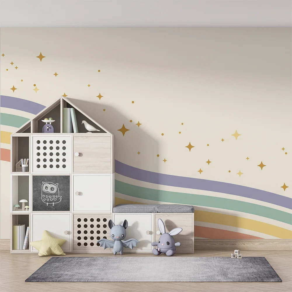 Papier peint chambre bébé | Arc-en-ciel doux et étoiles scintillantes