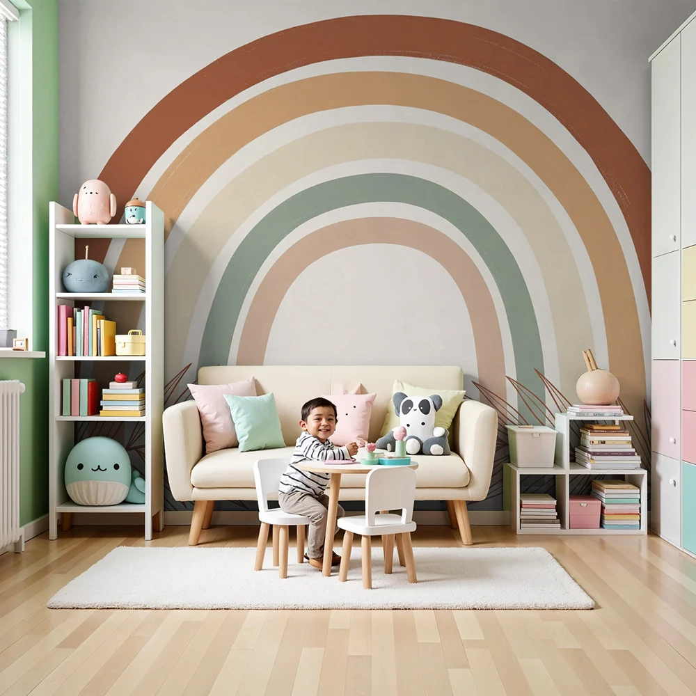 Papier peint chambre bébé | Arc-en-ciel pastel entouré de feuillage tropical