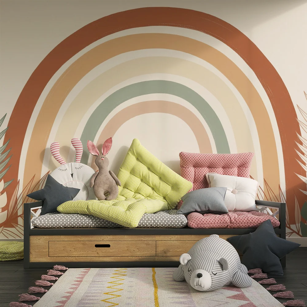 Papier peint chambre bébé | Arc-en-ciel pastel entouré de feuillage tropical